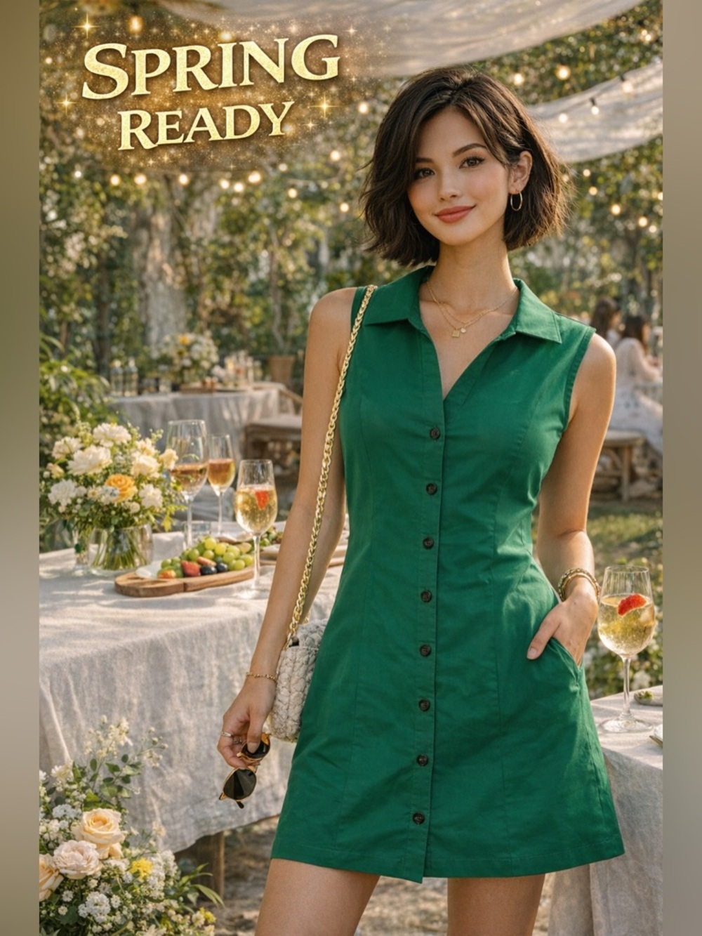 Lost + Wander Green Button Front Shirt Dress Small | Structured Sleeveless Mini